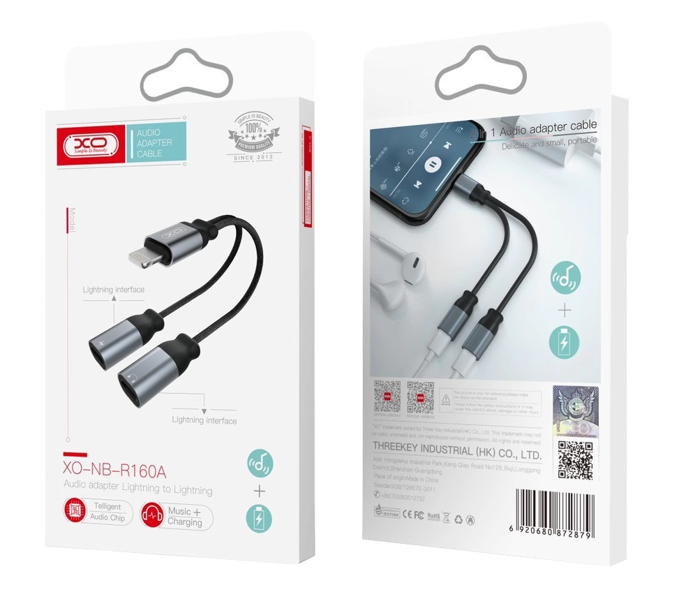 Audio adaptér Lightning - 2 x Lightning XO Design NB-R160A, Šedý