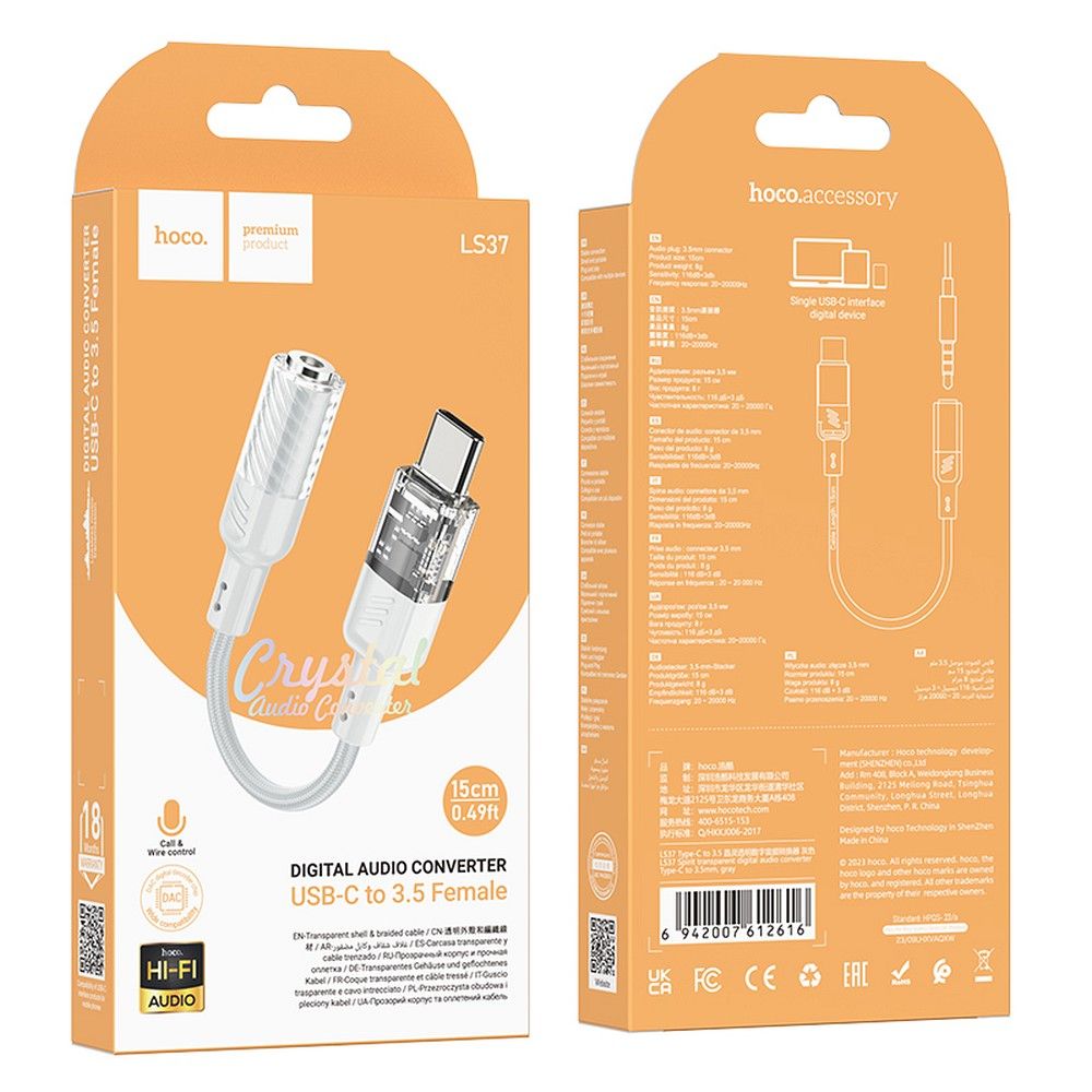 Audio adaptér USB-C - 3.5mm HOCO LS37, Šedý