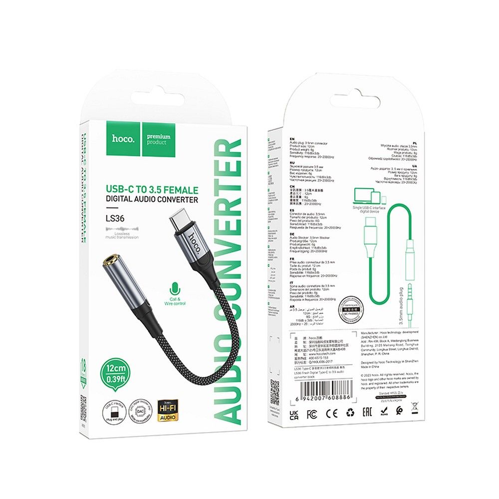 Audio adaptér USB-C - 3.5mm HOCO LS36, šedý