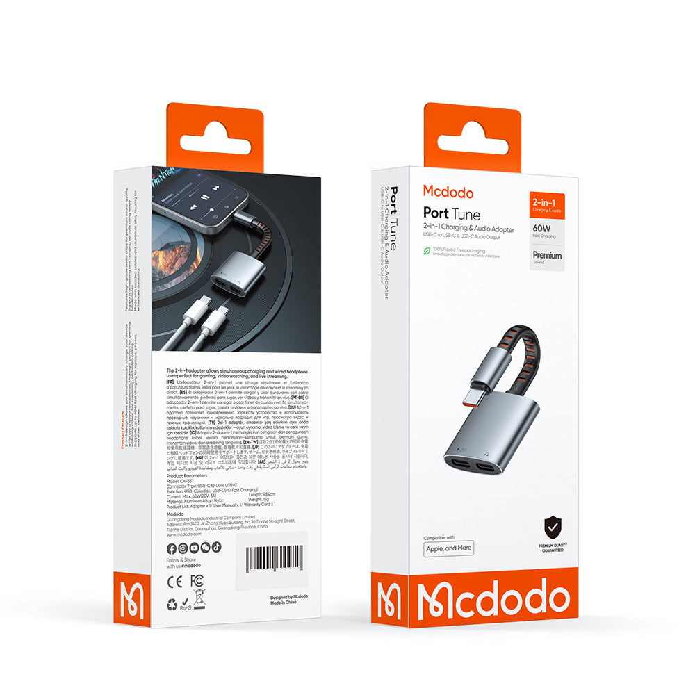 Audio adaptér USB-C - USB-C / USB-C McDodo CA-3370, Šedý