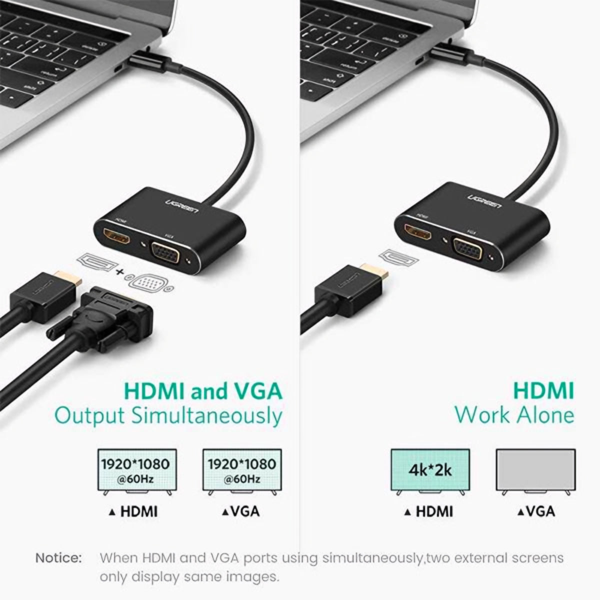 Video adaptér UGREEN CM449, USB-A - HDMI / VGA, 1080P, Šedý