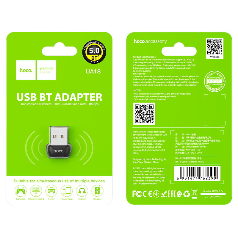 Bluetooth adaptér USB HOCO UA18, černý