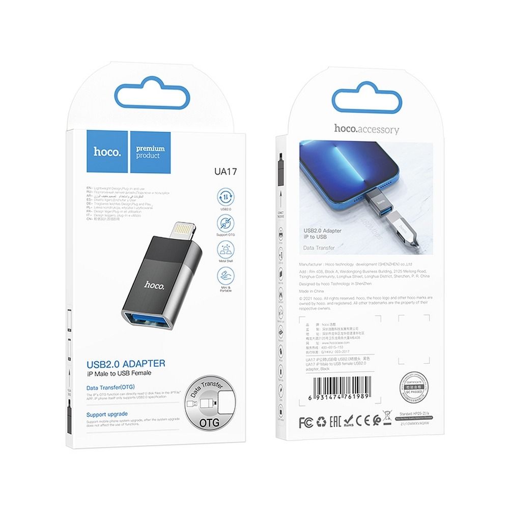 Adaptér OTG Lightning - USB-A HOCO UA17, Černý