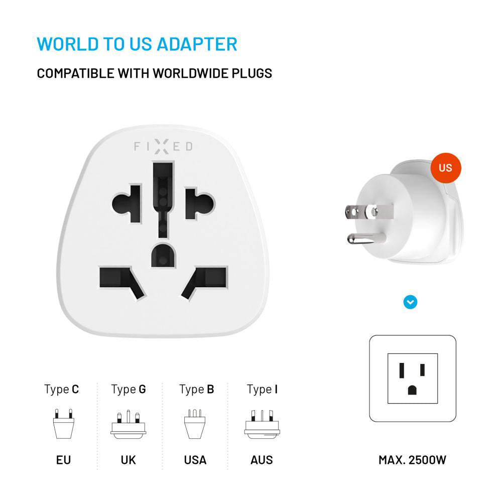 Adaptér síťový Fixed EU / UK / USA - US, bílý