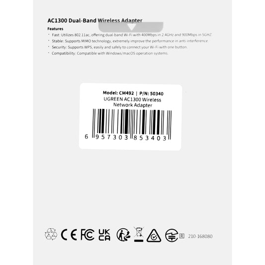 Bezdrátový adaptér UGREEN CM492, dvoupásmový, 1300 Mb/s, šedý