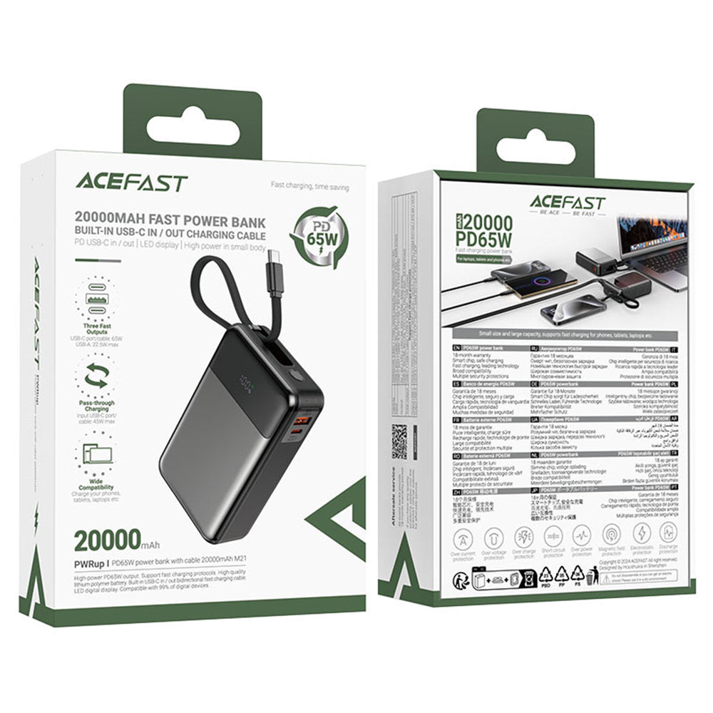 Externí baterie Acefast M21, 20000mAh, 65W, QC + PD, 1 x USB-A - 2 x USB-C, Černá