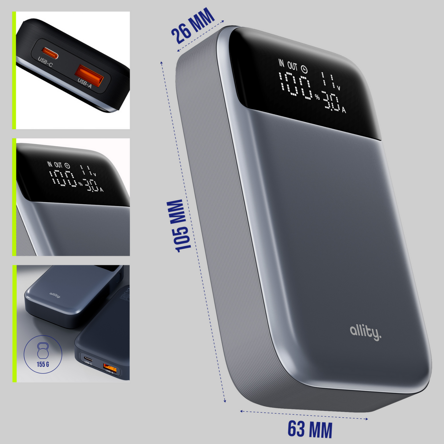 Externí baterie Allity. APB-200 PocketPower, 10000mAh, 33W, QC + PD, 1 x USB-A - 1 x USB-C, Šedá