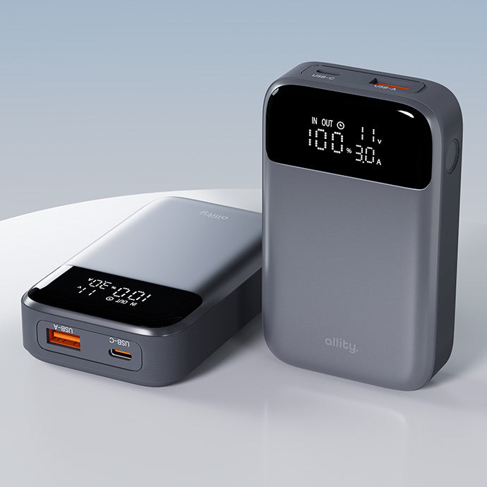 Externí baterie Allity. APB-200 PocketPower, 10000mAh, 33W, QC + PD, 1 x USB-A - 1 x USB-C, Šedá