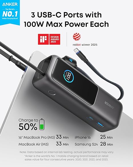 Externí baterie Anker, 25000mAh, 165W, QC + PD, 1 x USB-A - 3 x USB-C, Šedá A1695H11