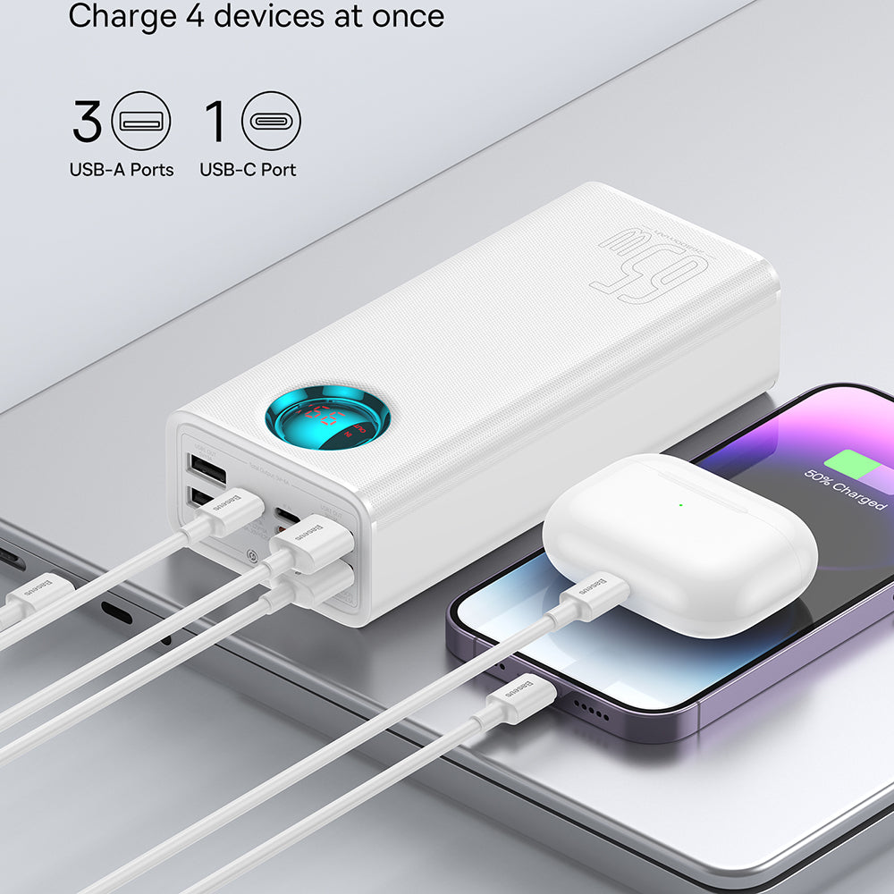 Externí baterie Baseus Amblight Digital Display, 26800mAh, 65W, QC + PD, 1 x USB-C - 4 x USB-A, Bílá P10022402223-00