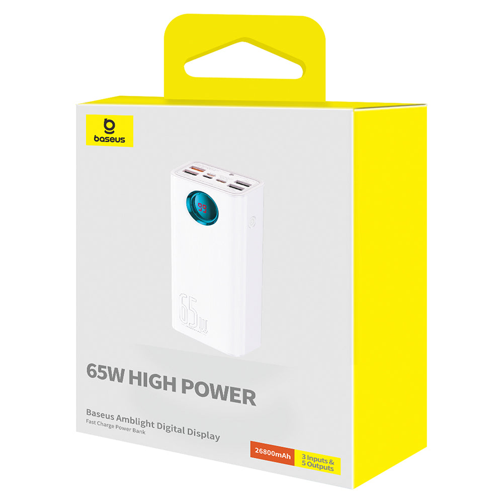 Externí baterie Baseus Amblight Digital Display, 26800mAh, 65W, QC + PD, 1 x USB-C - 4 x USB-A, Bílá P10022402223-00