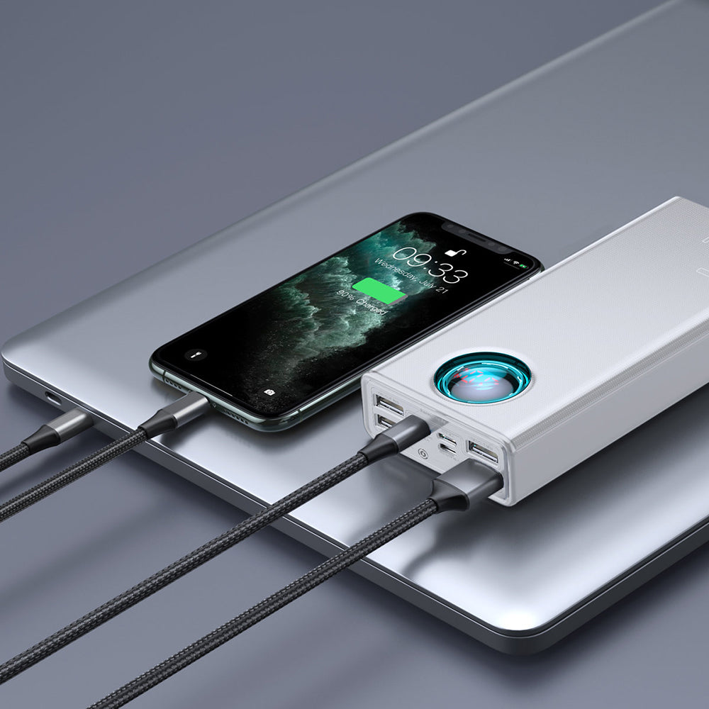 Externí baterie Baseus Amblight Digital Display, 30000mAh, 65W, QC + PD, 1 x USB-C - 4 x USB-A, Bílá PPLG000102