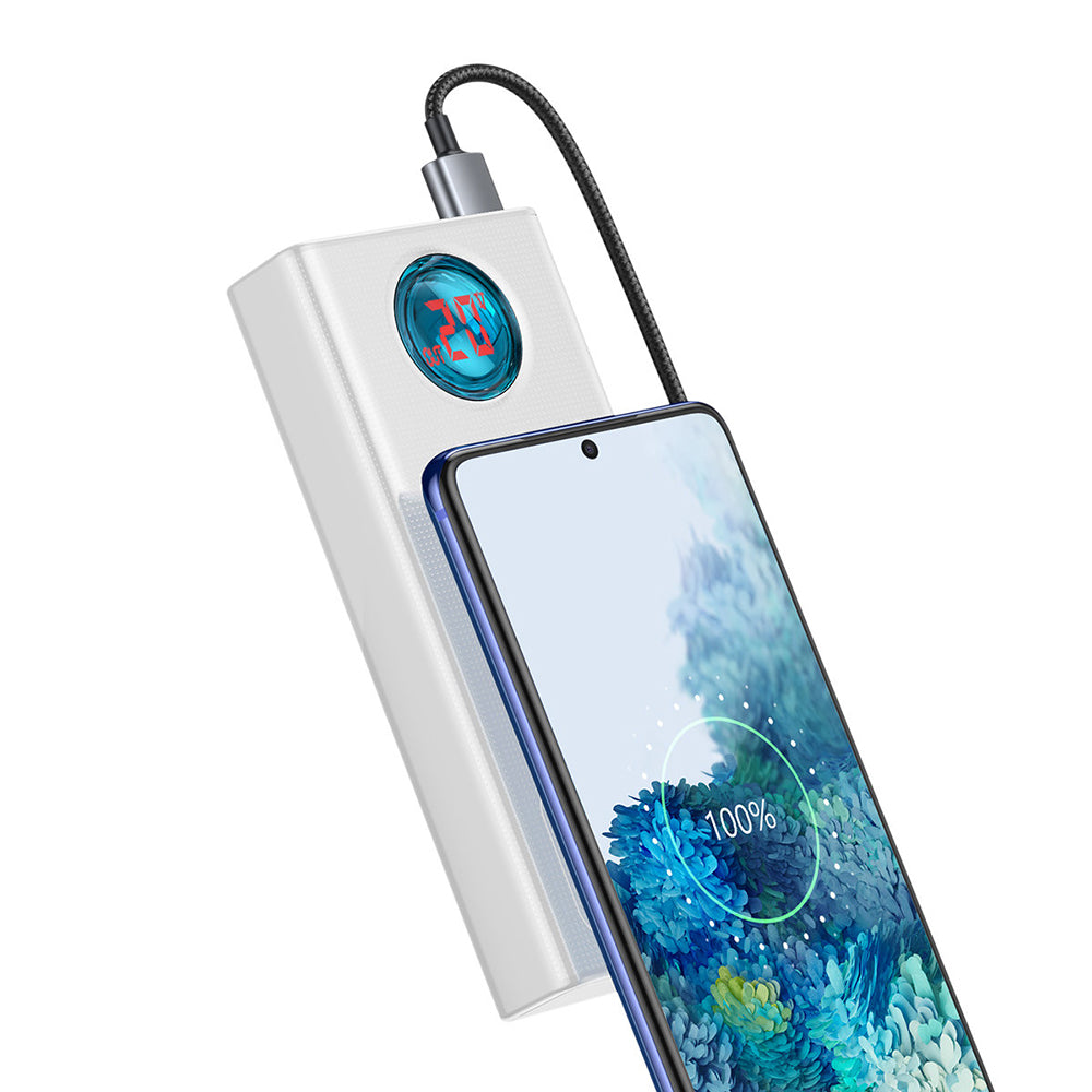 Externí baterie Baseus Amblight Digital Display, 30000mAh, 65W, QC + PD, 1 x USB-C - 4 x USB-A, Bílá PPLG000102