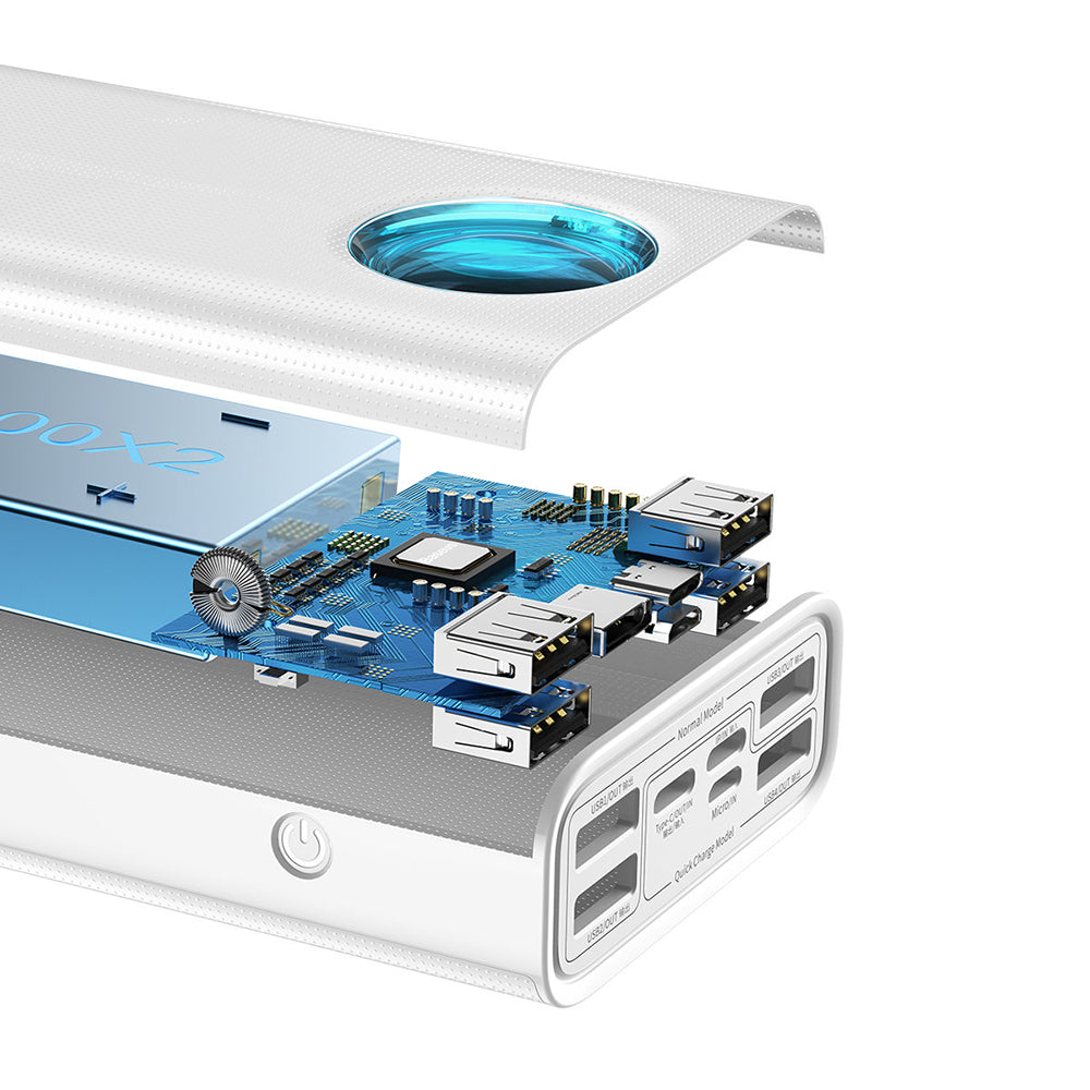 Externí baterie Baseus Amblight Digital Display, 30000mAh, 65W, QC + PD, 1 x USB-C - 4 x USB-A, Bílá PPLG000102