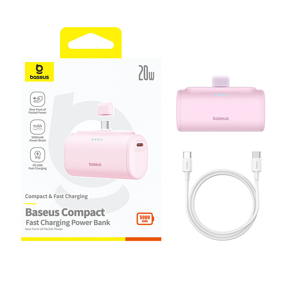 Externí baterie Baseus Compact, 5000mAh, 20W, PD, 2 x USB-C, Růžová P10068306413-00