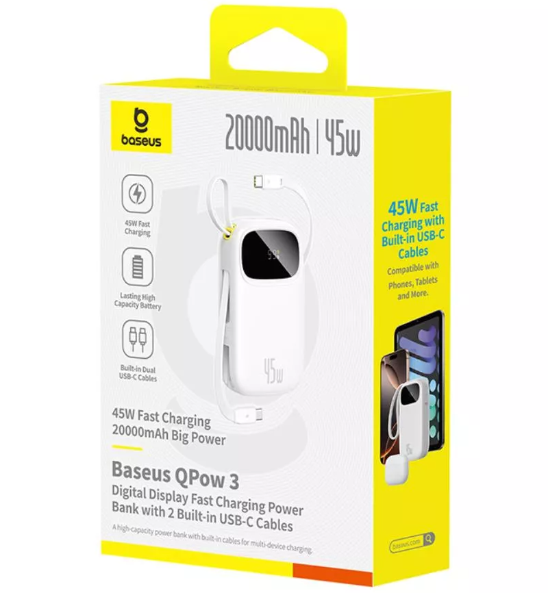 Externí baterie Baseus EnerFill FC31, 20000mAh, 45W, QC + PD, 1 x Lightning - 1 x USB-A - 2 x USB-C, Bílá P10082105213-00