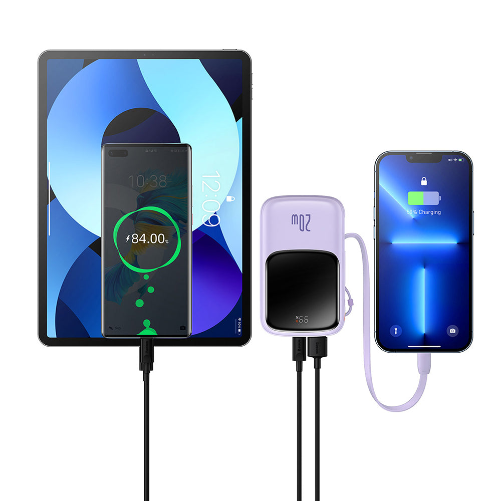Externí baterie Baseus Qpow Pro, 20000mAh, 20W, QC + PD, 1 x Lightning - 1 x USB-A - 1 x USB-C, Fialová PPQD030005