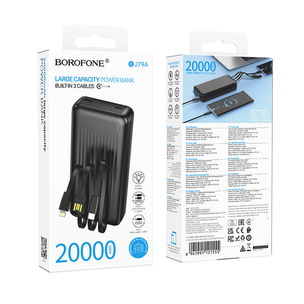 Externí baterie Borofone BJ79 Clever, 20000mAh, 10W, 1 x Lightning - 1 x USB-A - 1 x USB-C, černá.