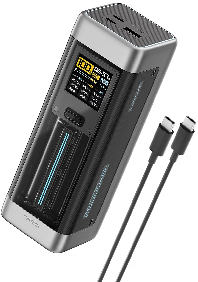 Externí baterie Cuktech, 25000mAh, 210W, QC + PD, 1 x USB-A - 2 x USB-C, Černá CUK00P23GLBK