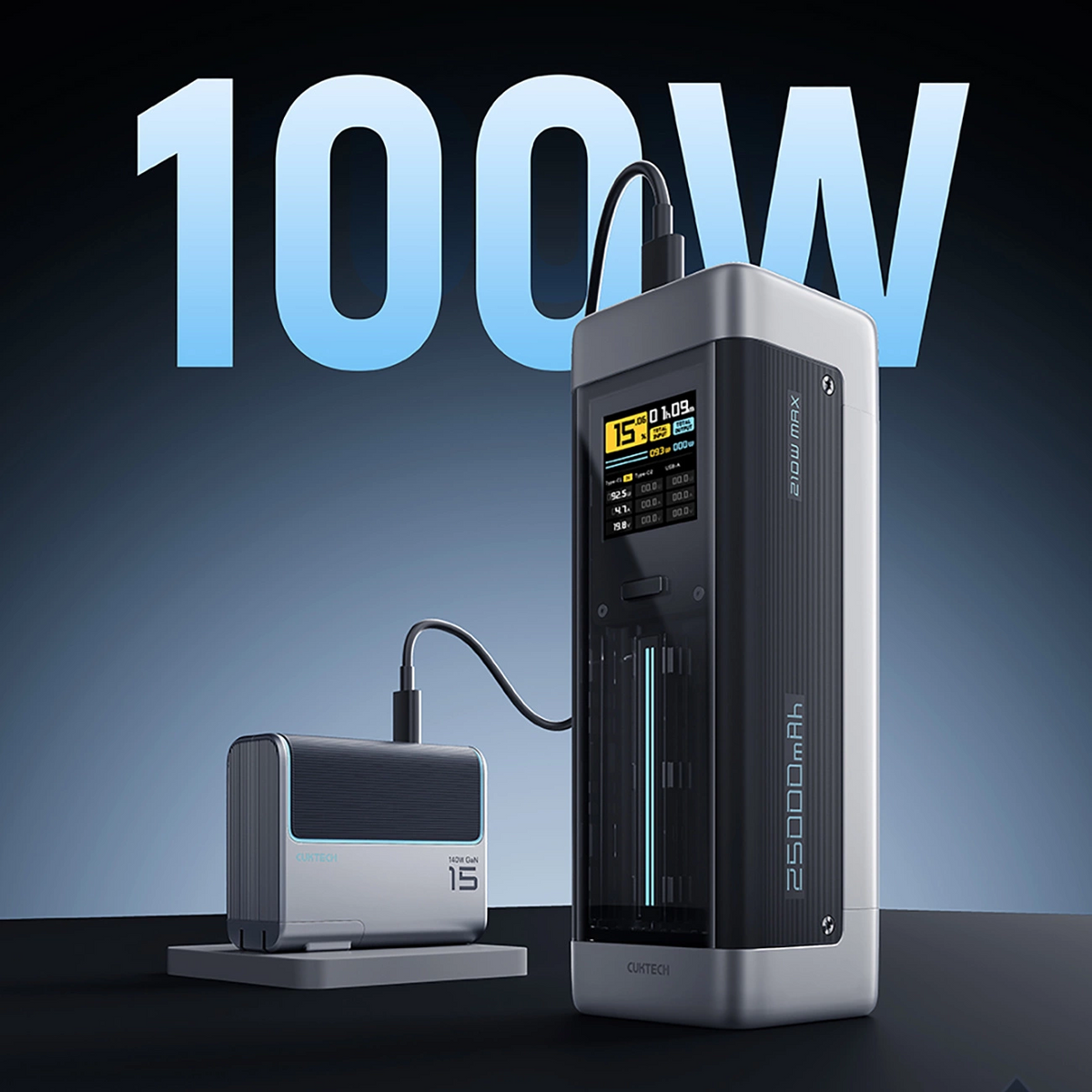 Externí baterie Cuktech, 25000mAh, 210W, QC + PD, 1 x USB-A - 2 x USB-C, Černá CUK00P23GLBK