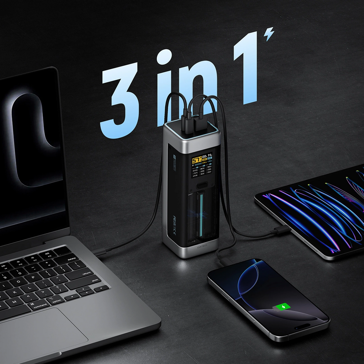Externí baterie Cuktech, 25000mAh, 210W, QC + PD, 1 x USB-A - 2 x USB-C, Černá CUK00P23GLBK