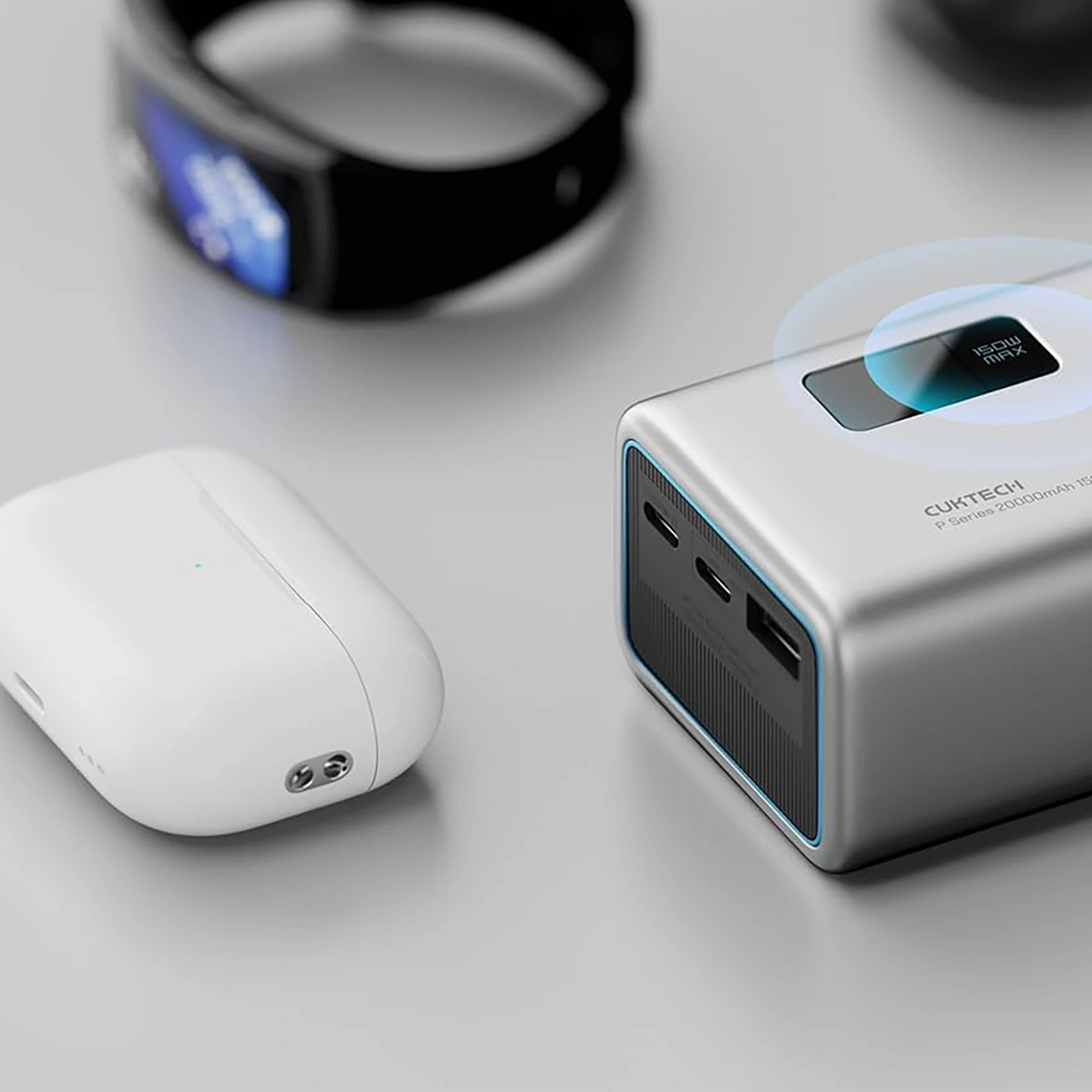 Cuktech P+ No.15 External Battery, 20000mAh, 150W, QC + PD, 1 x USB-A - 2 x USB-C, Grey CUKPB200GLBK
