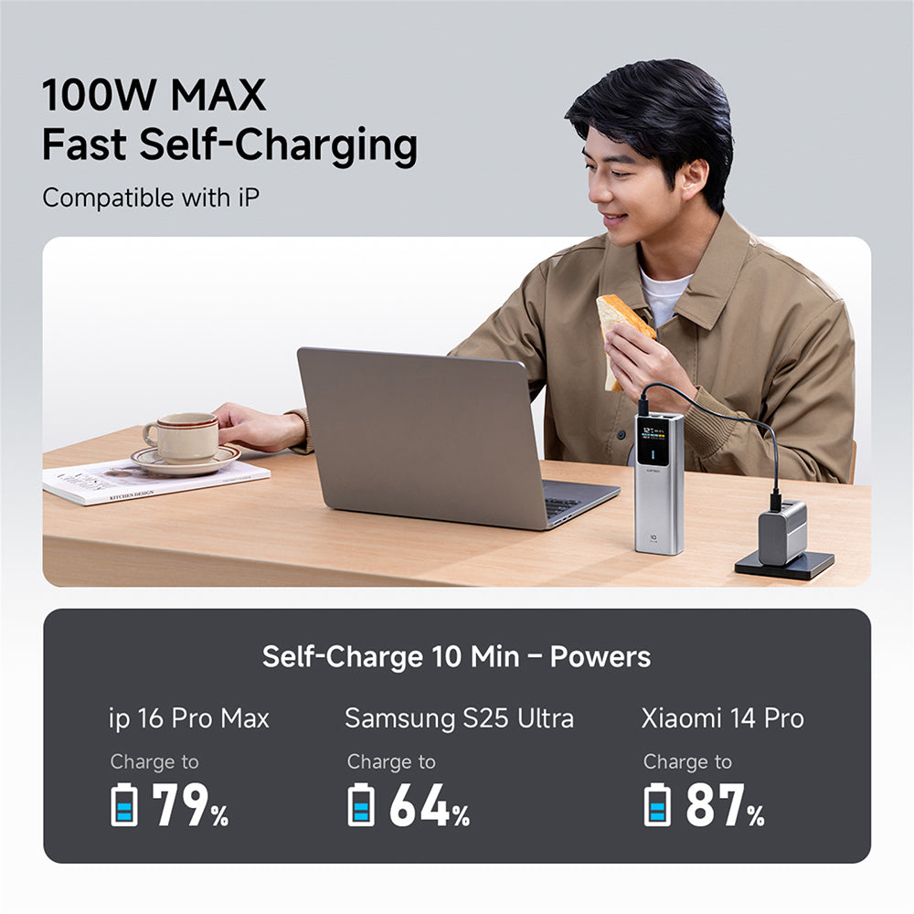 Externí baterie Cuktech PB150P, 15000mAh, 120W, QC + PD, 1 x USB-A - 2 x USB-C, Šedá CKPB150POSGR
