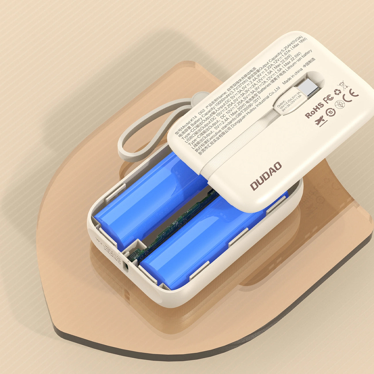 Externí baterie Dudao K14, 10000mAh, 22.5W, QC + PD, 1 x Lightning - 1 x USB-A - 2 x USB-C, Béžová