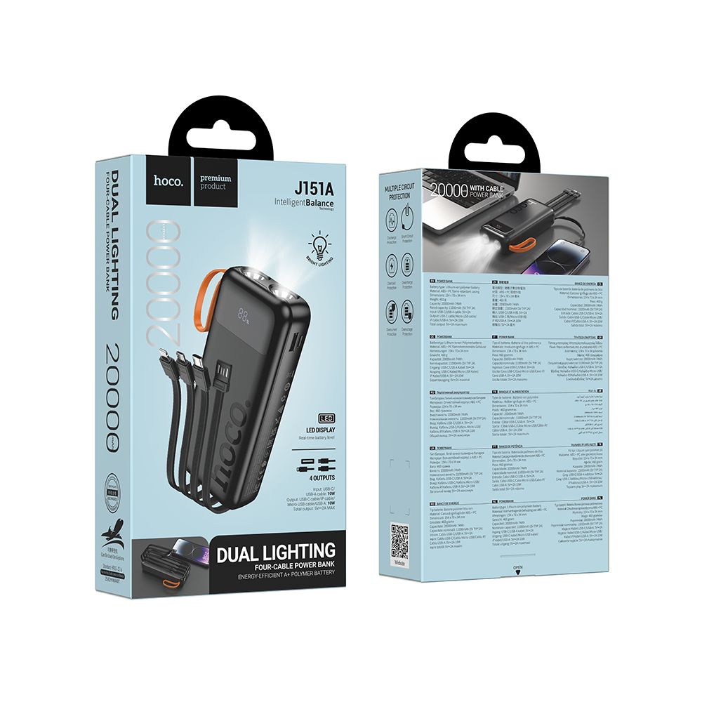 Externí baterie HOCO J151A, 20000mAh, 10W, 1 x Lightning - 1 x microUSB - 1 x USB-A - 1 x USB-C, černá