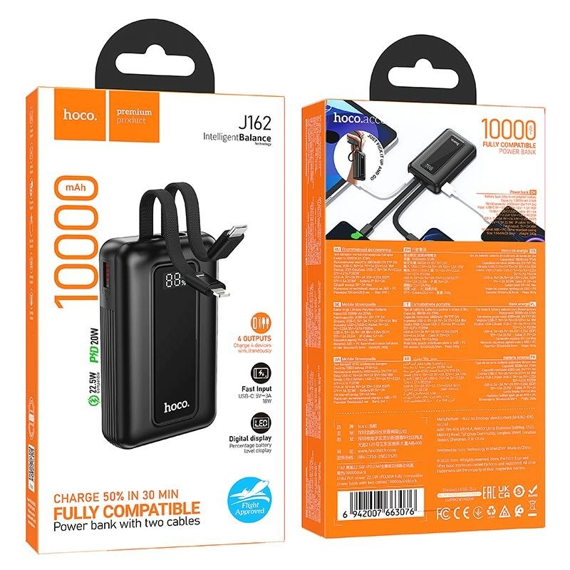 Externí baterie HOCO J162, 10000mAh, 22.5W, QC + PD, 1 x Lightning - 1 x USB-A - 2 x USB-C, Černá