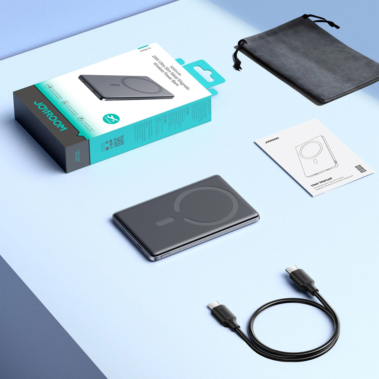 Externí bezdrátová baterie Joyroom JR-PBM08, 5000mAh, 20W, PD + FQI, 1 x QI - 1 x USB-C, šedá