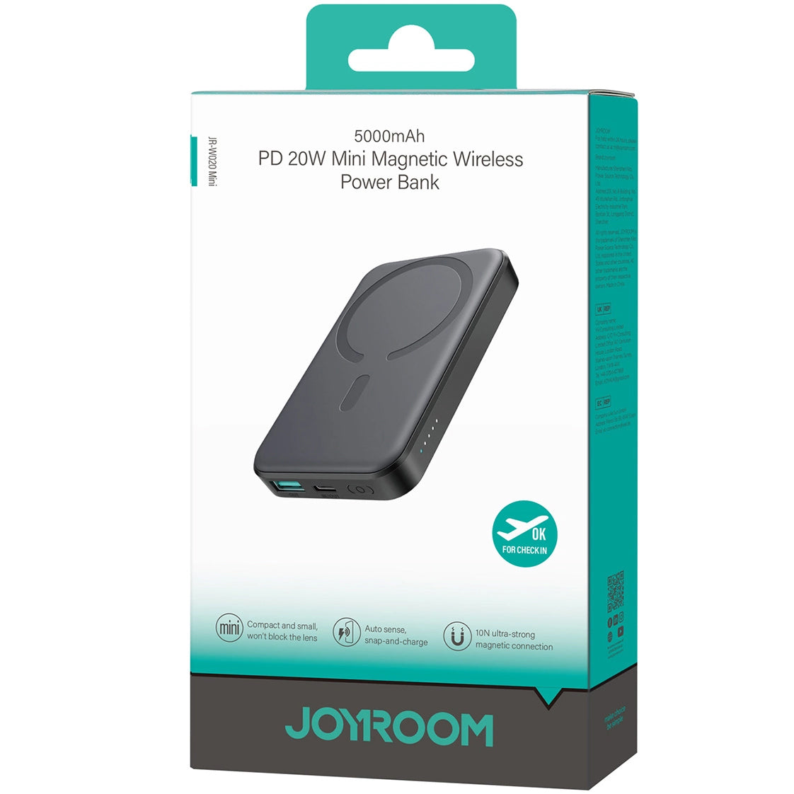 Bezdrátová externí baterie Joyroom JR-W020 Mini, 5000mAh, 20W, QC + PD + FQI, 1 x QI - 1 x USB-A - 1 x USB-C, Černá
