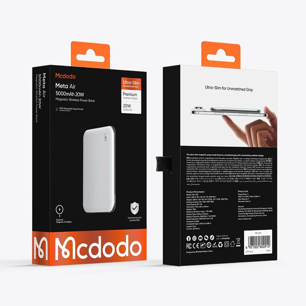 Bezdrátová externí baterie McDodo MC-2931 Meta Air, 5000mAh, 20W, PD + FQI, 1 x QI - 1 x USB-C, černá