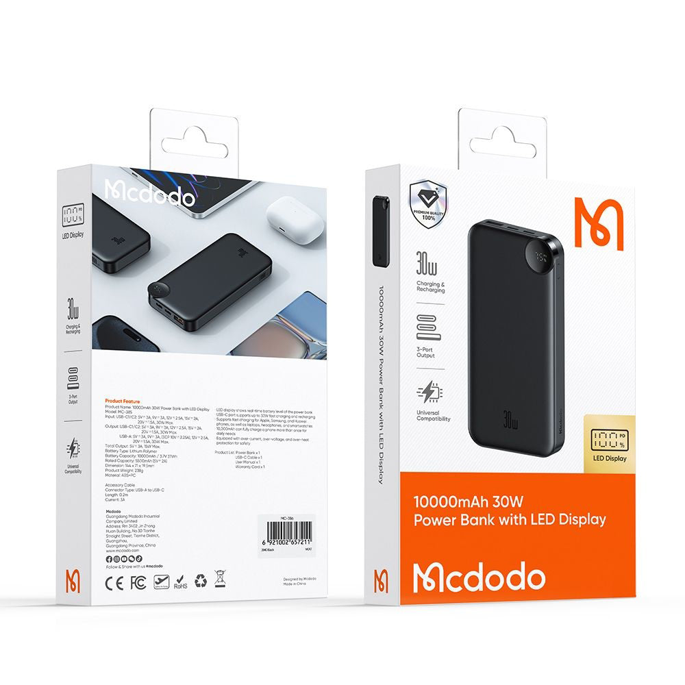 Externí baterie McDodo MC-3850 Display, 10000mAh, 30W, QC + PD, 1 x USB-A - 2 x USB-C, Černá