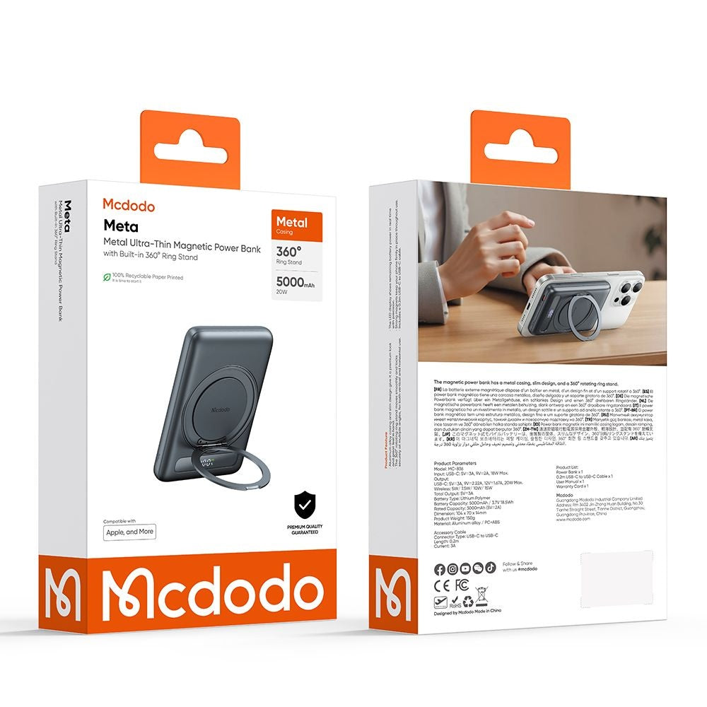 Bezdrátová externí baterie McDodo MC-8361 Meta, 5000mAh, 20W, PD + FQI, 1 x QI - 1 x USB-C, šedá