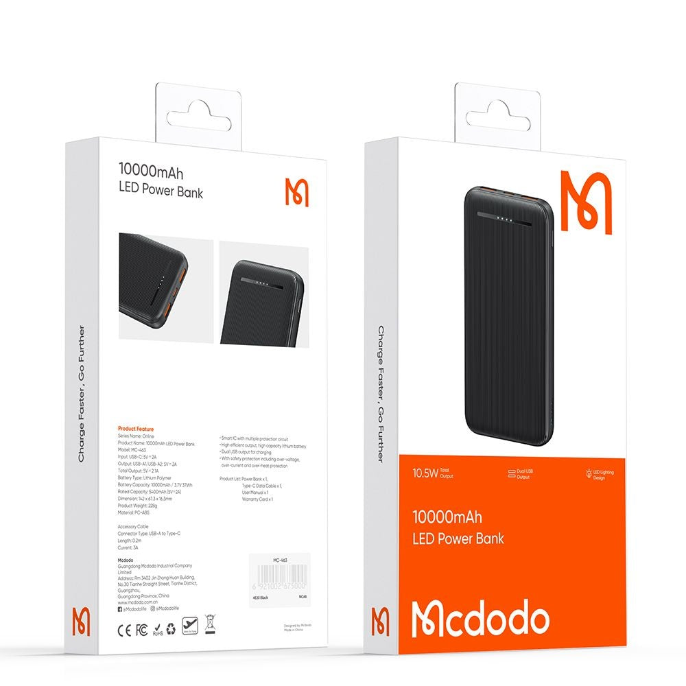Externí baterie McDodo MC-4631 Online, 10000mAh, 10W, 2 x USB-A - 1 x USB-C, Černá