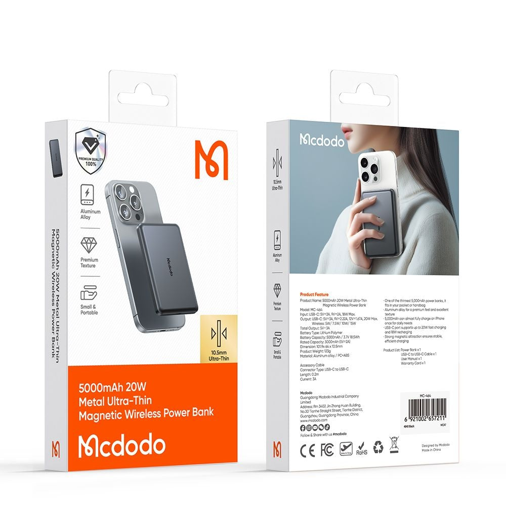 Bezdrátová externí baterie McDodo MC-4641 Meta, 5000mAh, 20W, PD + FQI, 1 x QI - 1 x USB-C, černá