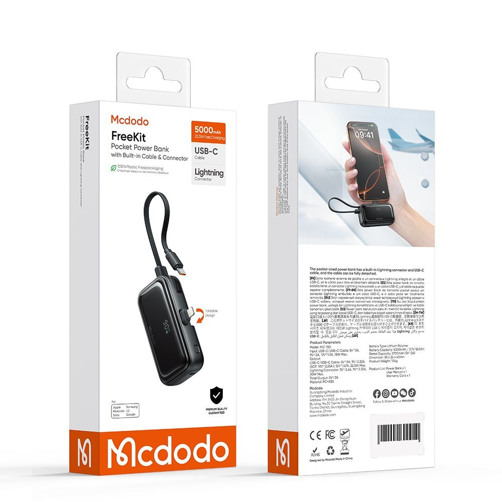 Externí baterie McDodo MC-7800 Freekit, 5000mAh, 22.5W, PD, 1 x Lightning - 2 x USB-C, černá
