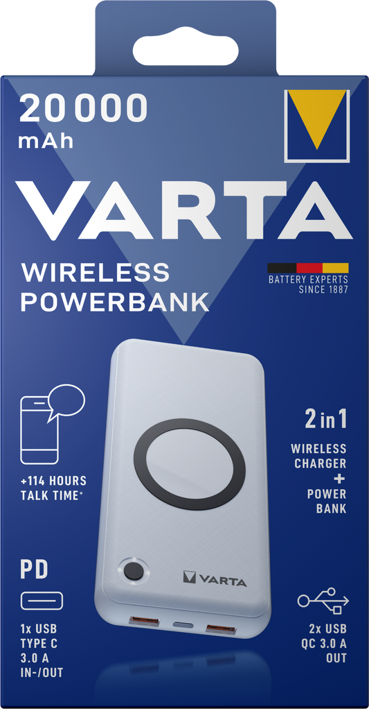 Bezdrátová externí baterie Varta Energy, 20000mAh, 18W, QC + PD + FQI, 1 x QI - 1 x USB-C - 2 x USB-A, bílá