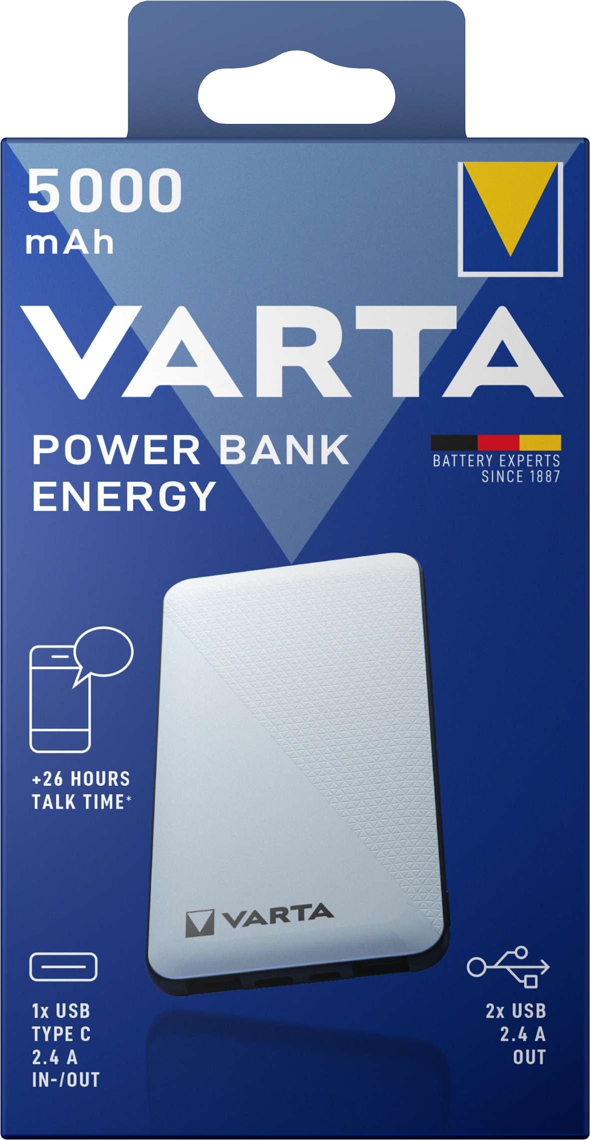 Externí baterie Varta Energy, 5000mAh, 15W, 2 x USB-A - 1 x USB-C, bílá