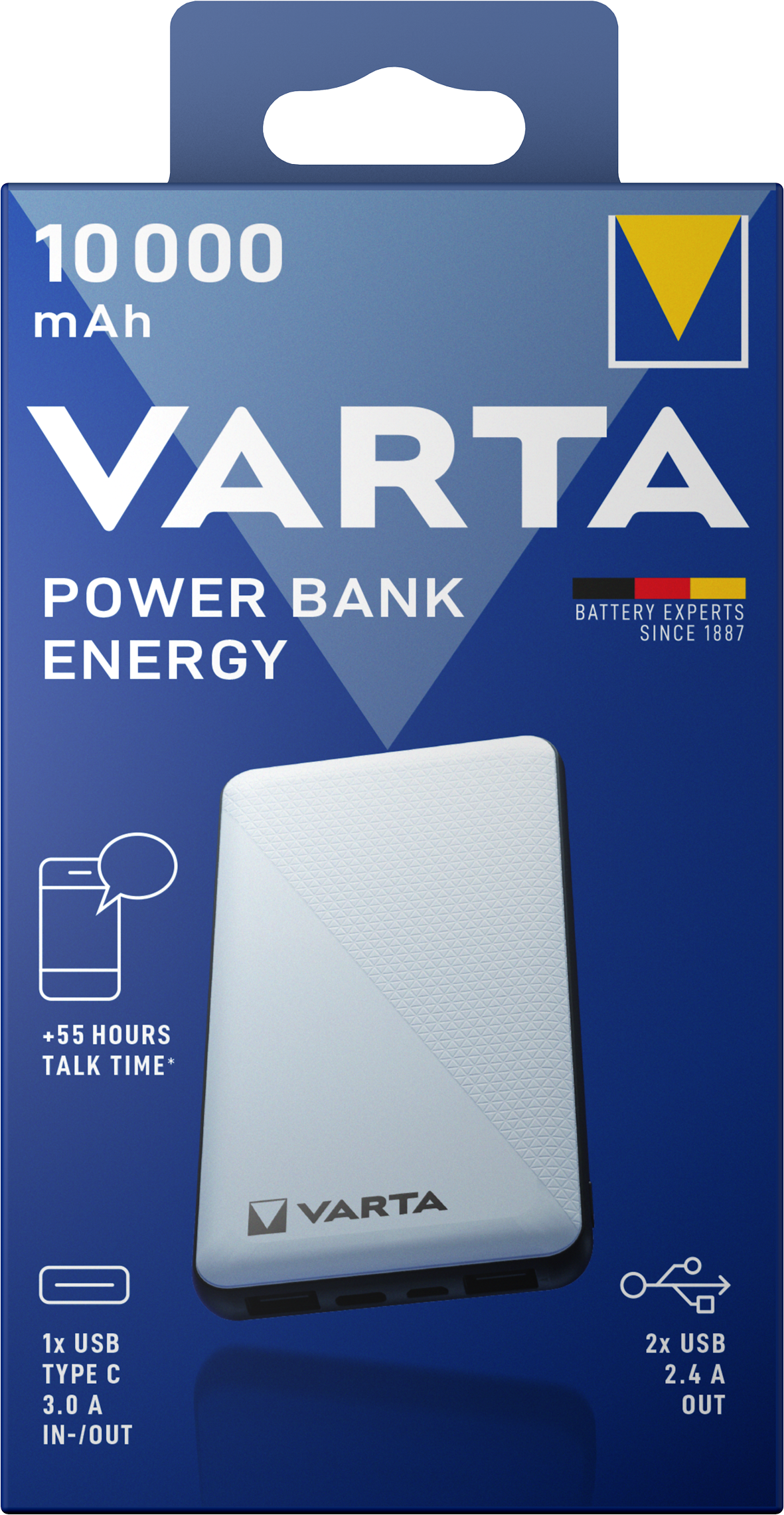 Externí baterie Varta Energy, 10000mAh, 15W, 2 x USB-A - 1 x USB-C, bílá