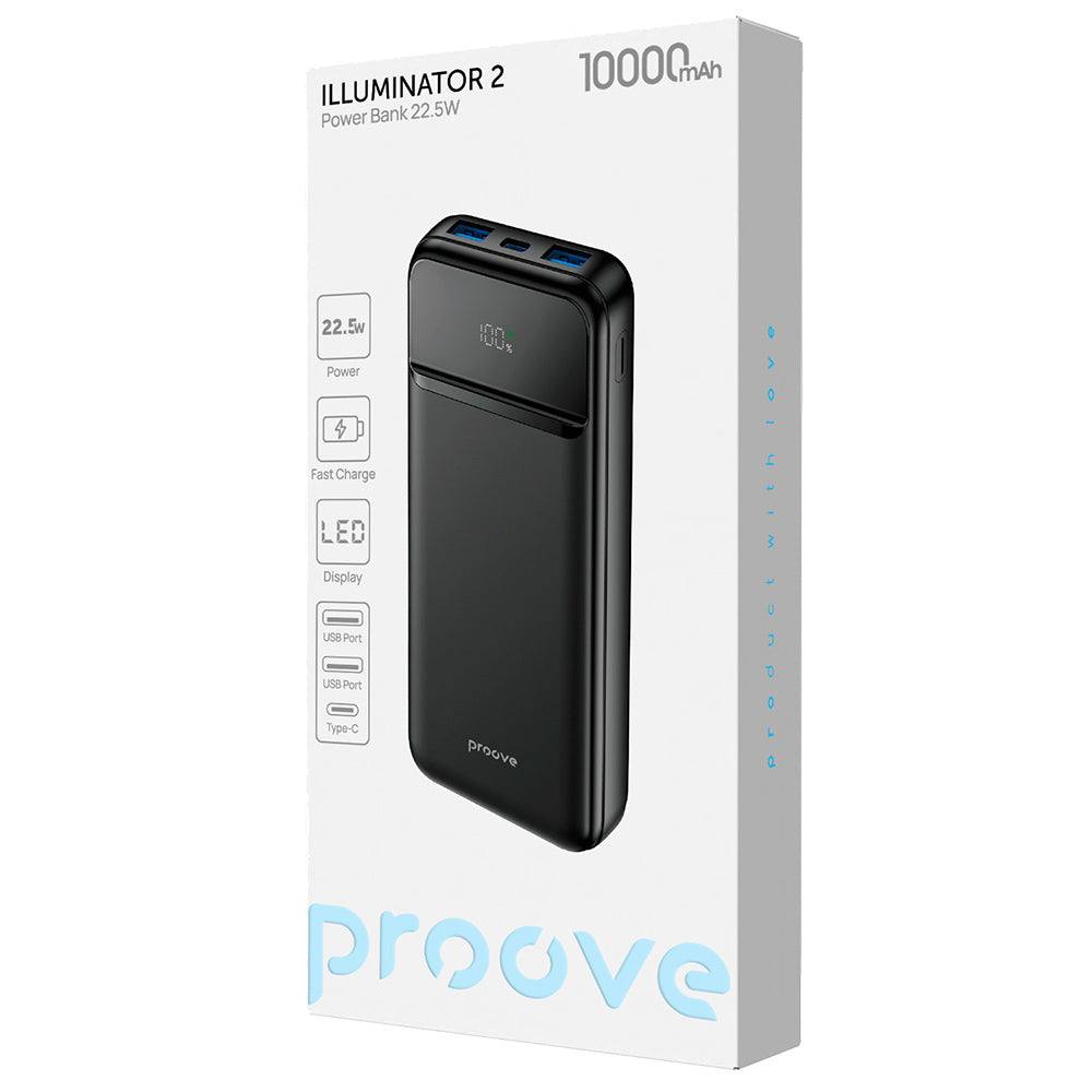 Externí baterie Proove Illuminator 2, 10000mAh, 22.5W, QC + PD, 2 x USB-A - 1 x USB-C, Černá PBIP10212201