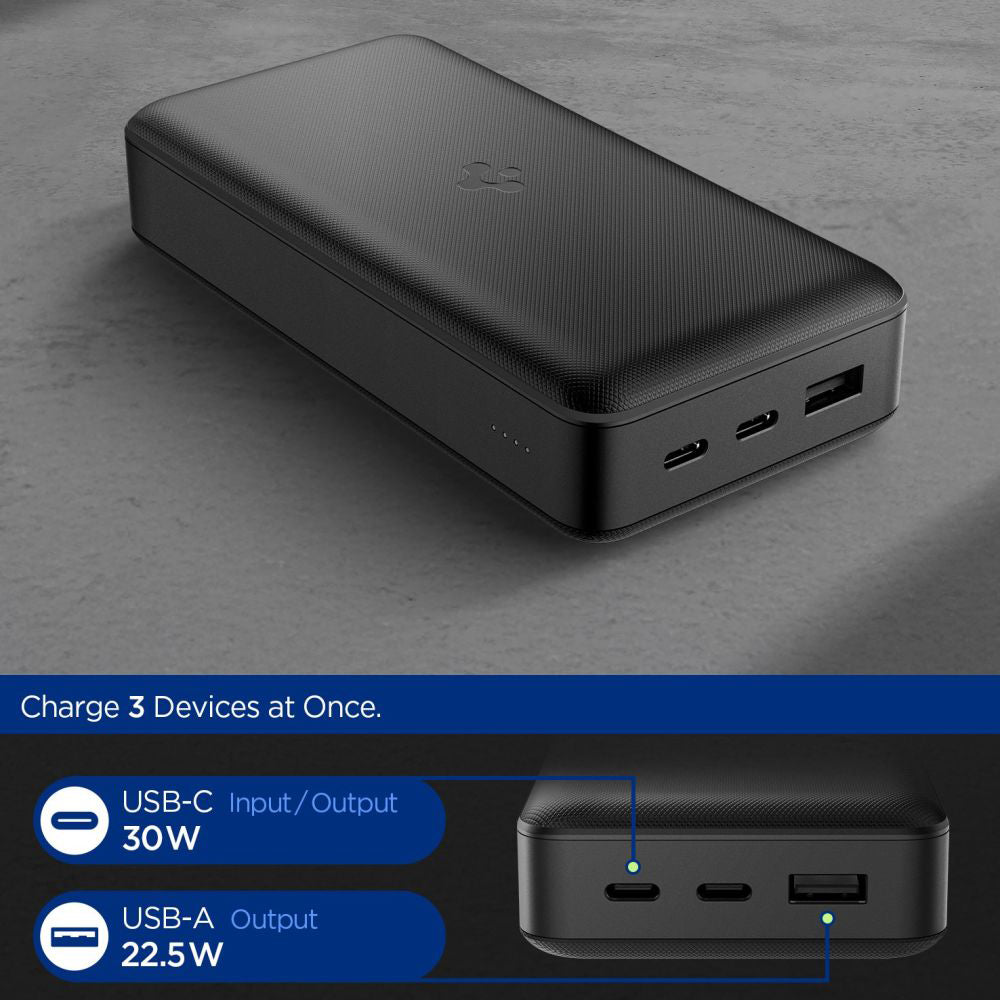 Externí baterie Spigen, 30000mAh, 30W, QC + PD, 1 x USB-A - 2 x USB-C, Černá