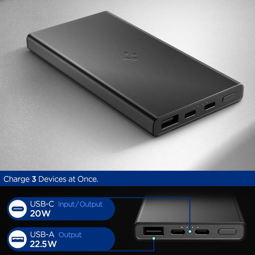 Externí baterie Spigen Essential, 10000mAh, 22.5W, QC + PD, 1 x USB-A - 2 x USB-C, Černá ABA09431