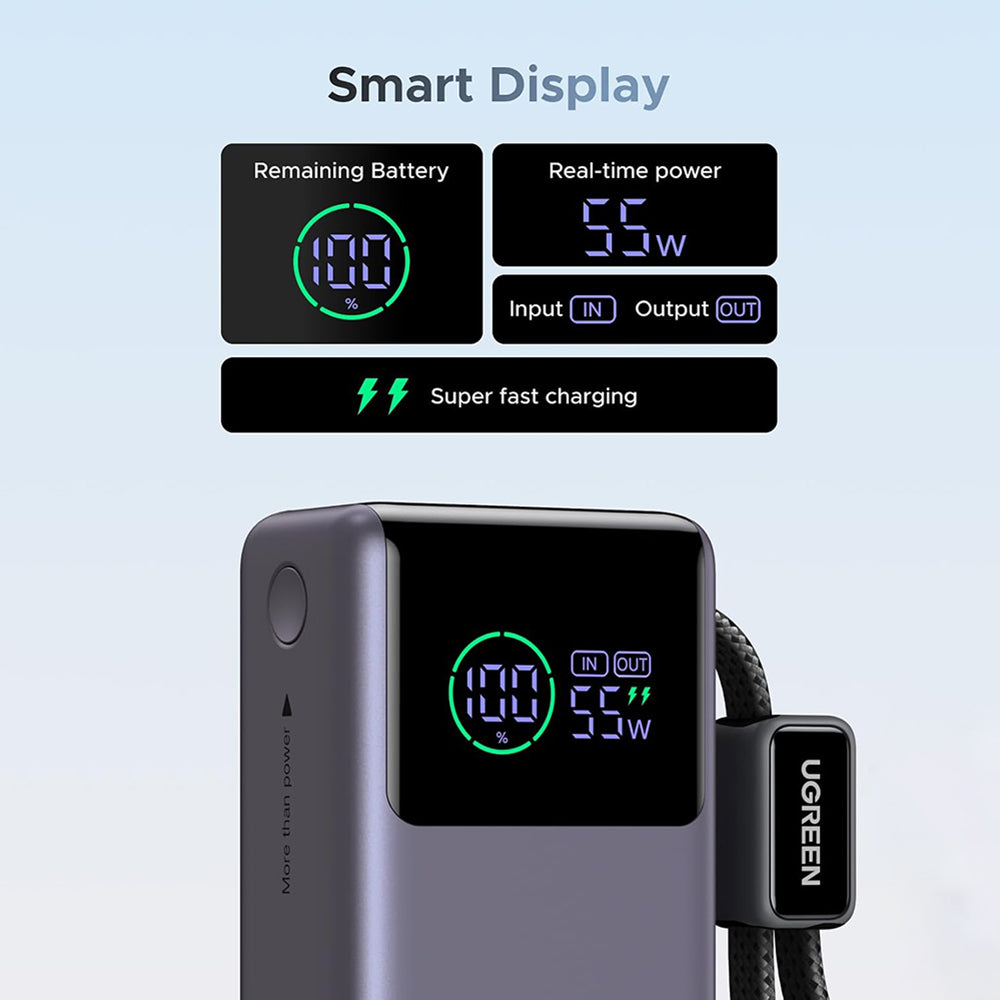 Externí baterie UGREEN Nexode Pro PB727 (85301B), 10000mAh, 55W, QC + PD, 1 x USB-A - 2 x USB-C, Šedá