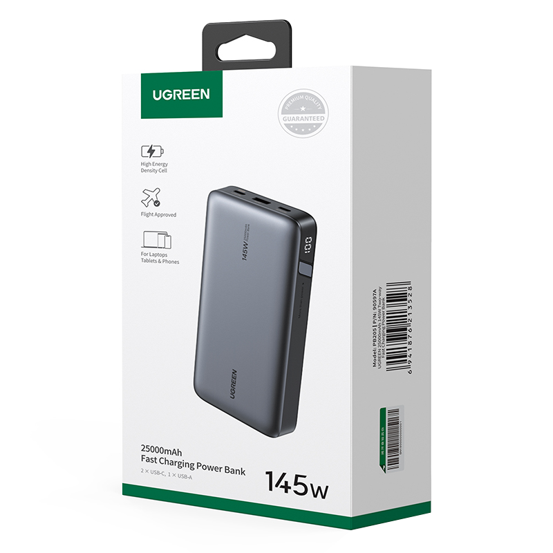 Externí baterie UGREEN PB205, 25000mAh, 145W, QC + PD, 1 x USB-A - 2 x USB-C, šedá