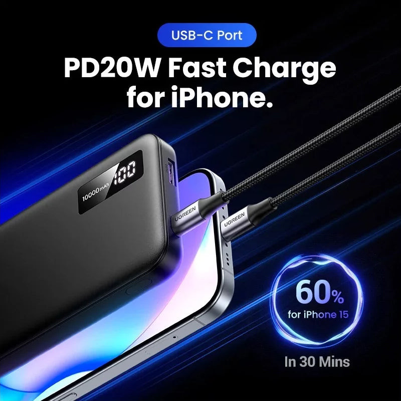 Externí baterie UGREEN PB311, 10000mAh, 22.5W, QC + PD, 1 x USB-C - 2 x USB-A, Černá