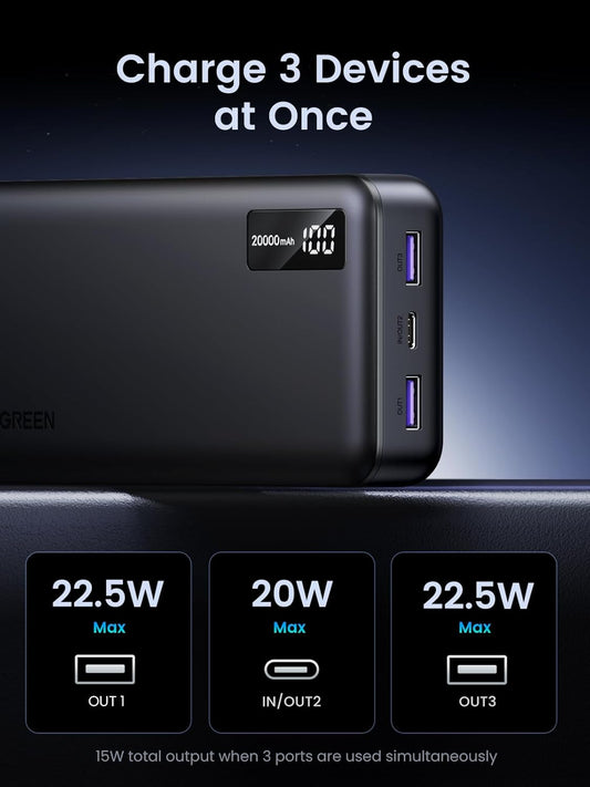 Externí baterie UGREEN PB312, 20000mAh, 22,5W, QC + PD, 1 x USB-C - 2 x USB-A, černá