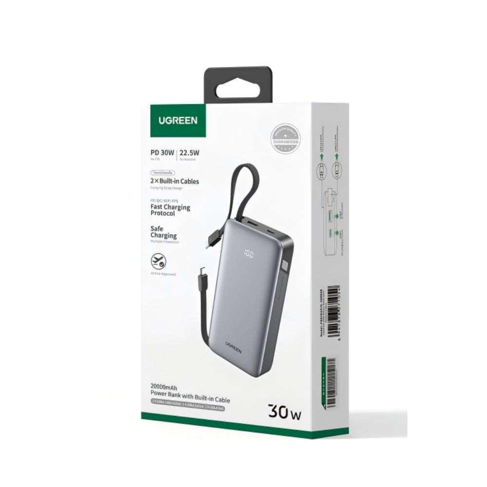 Externí baterie UGREEN PB528 (55985B), 20000mAh, 30W, QC + PD, 1 x USB-A - 3 x USB-C, šedá