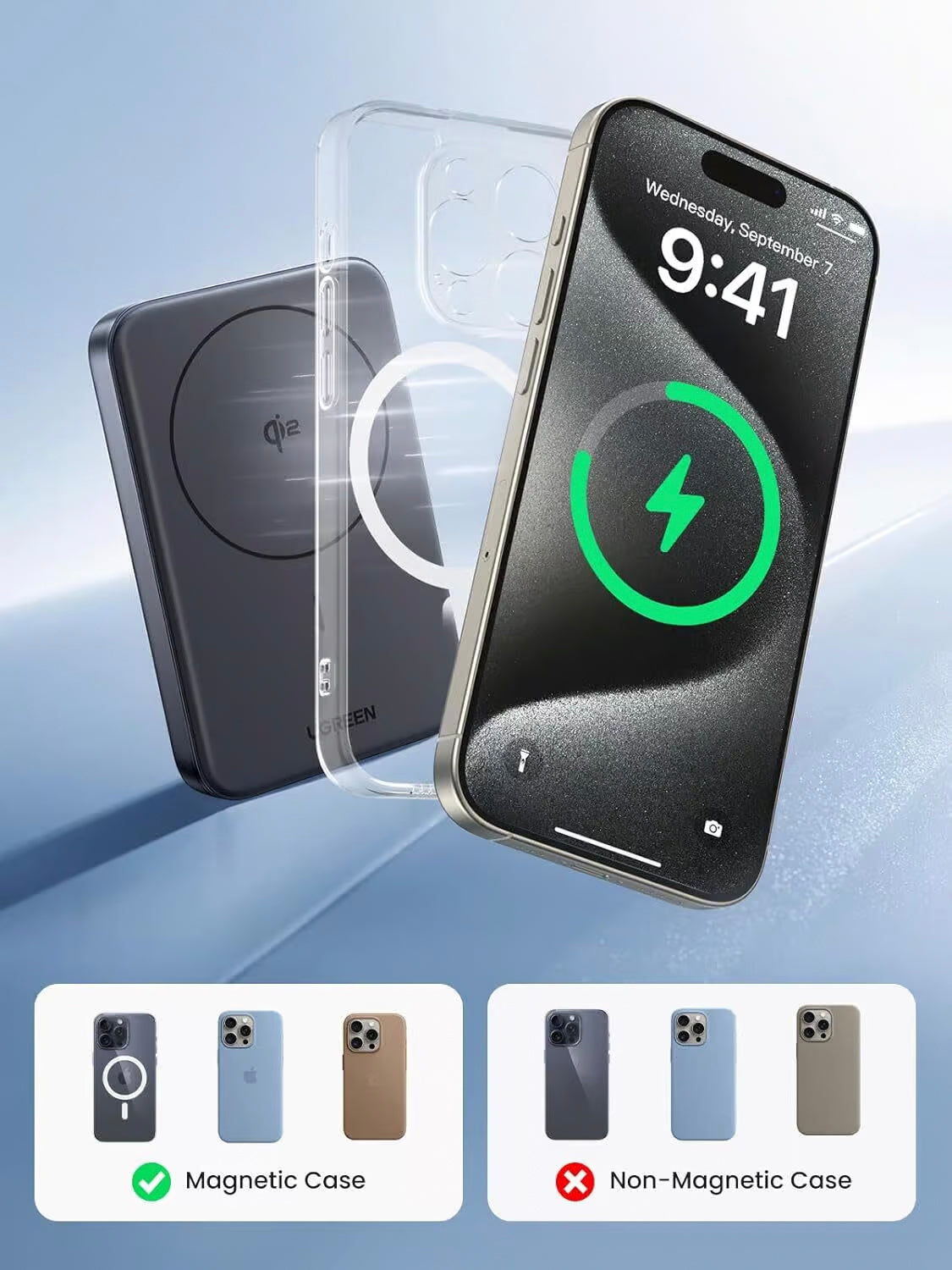 Externí baterie UGREEN PB761, 10000mAh, 30W, PD + FQI, 1 x QI - 1 x USB-C, Šedá